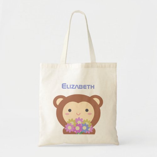 Cute Kawaii Monkey and Flowers Purple Pink Name Tote Bag