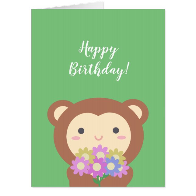 Cute Kawaii Monkey and Flowers Sage Happy Birthday Card (Front)