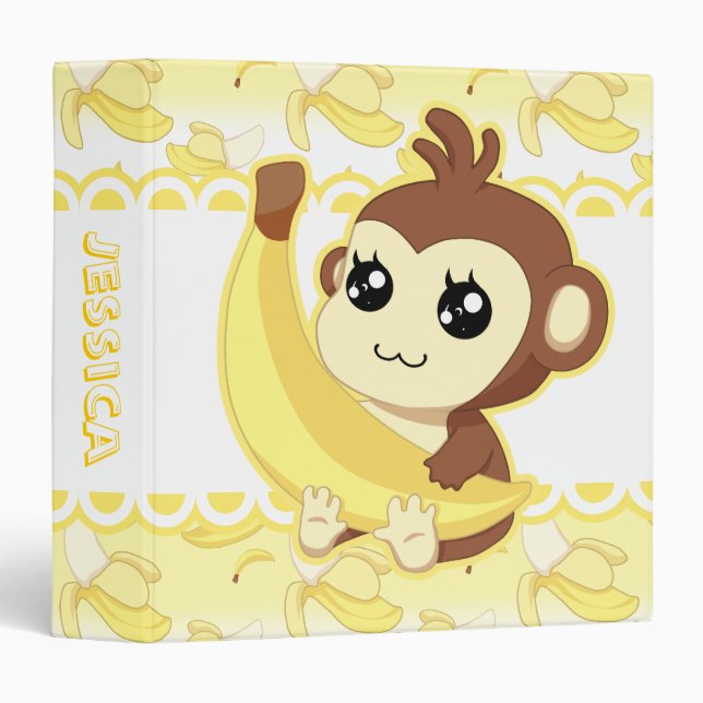 Cute Kawaii monkey holding banana 3 Ring Binder (Front/Spine)