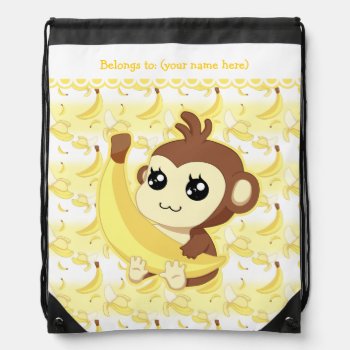 Cute Kawaii Monkey Holding Banana Drawstring Bag by DiaSuuArt at Zazzle