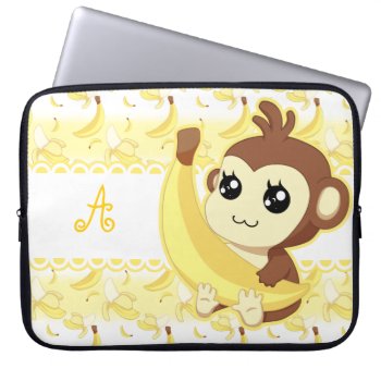Cute Kawaii Monkey Holding Banana Monogram Laptop Sleeve by DiaSuuArt at Zazzle