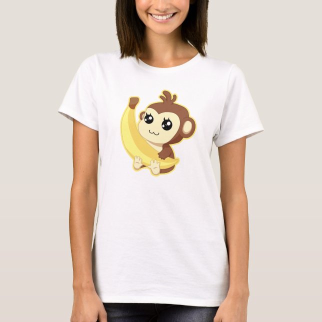 Cute Kawaii monkey holding banana T-Shirt (Front)