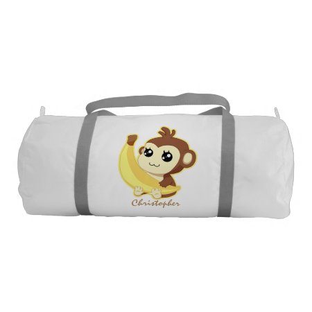 Cute Kawaii Monkey Holding Banana With Name Duffle Bag