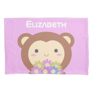 Cute Kawaii Monkey Pastel Purple Pink Flowers Kids Pillow Case