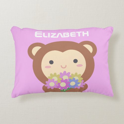 Cute Kawaii Monkey Pastel Purple Pink Flowers Name Accent Pillow