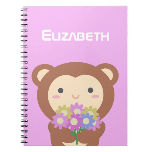 Cute Kawaii Monkey Pastel Purple Pink Flowers Name Notebook