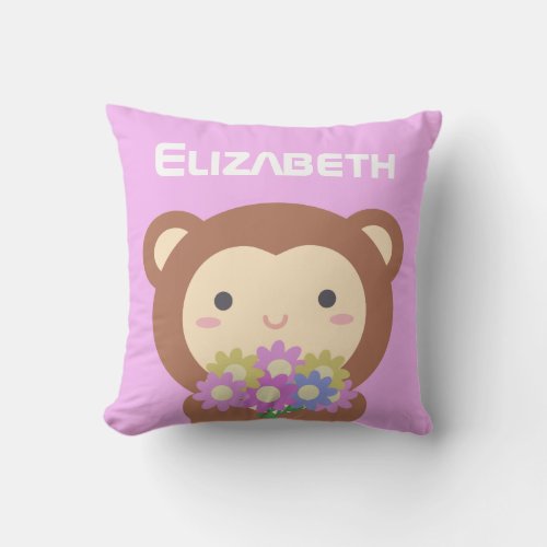 Cute Kawaii Monkey Pastel Purple Pink Flowers Name Throw Pillow