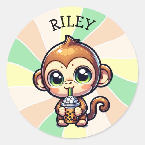 Cute Kawaii Monkey with Bubble Tea Personalized Classic Round Sticker