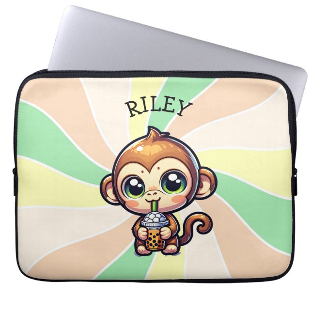 Cute Kawaii Monkey with Bubble Tea Personalized Laptop Sleeve (Front)