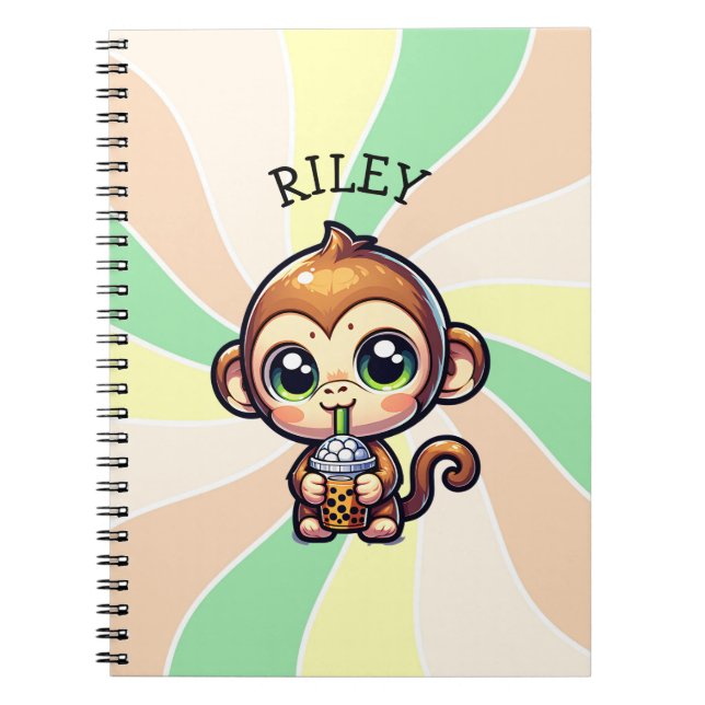 Cute Kawaii Monkey with Bubble Tea Personalized Notebook (Front)