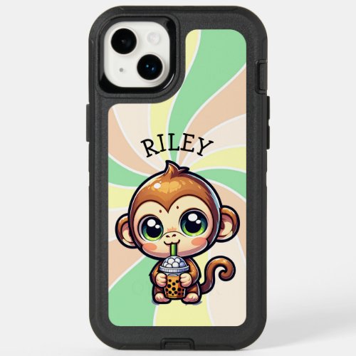 Cute Kawaii Monkey with Bubble Tea Personalized OtterBox iPhone 14 Plus Case