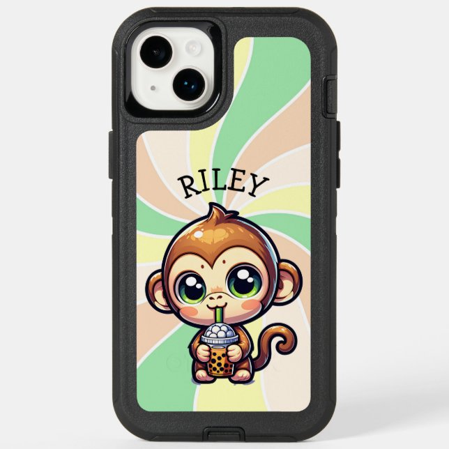 Cute Kawaii Monkey with Bubble Tea Personalized Otterbox iPhone Case (Back)