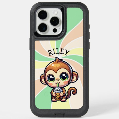 Cute Kawaii Monkey with Bubble Tea Personalized iPhone 15 Pro Max Case