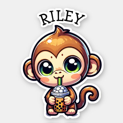 Cute Kawaii Monkey with Bubble Tea Personalized Sticker