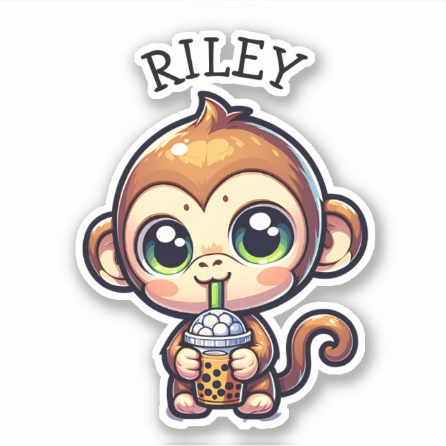 Cute Kawaii Monkey with Bubble Tea Personalized Sticker (Front)