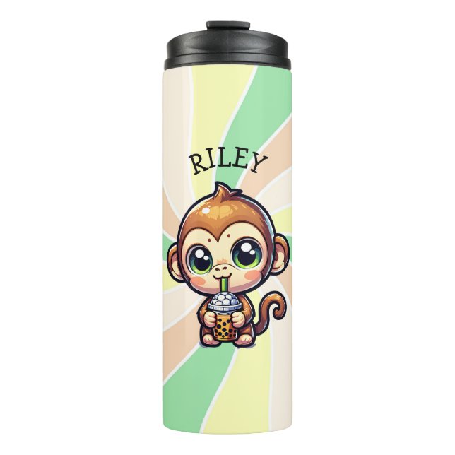Cute Kawaii Monkey with Bubble Tea Personalized Thermal Tumbler (Front)