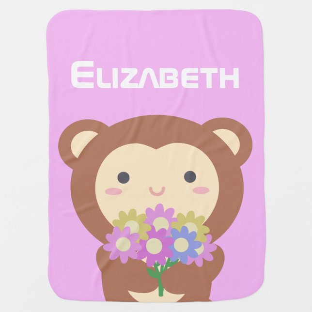 Cute Kawaii Monkey with Flowers  Baby Blanket (Front)