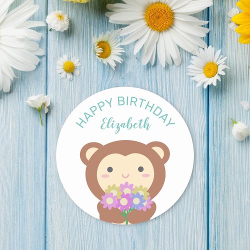 Cute Kawaii Monkey With Flowers Happy Birthday Classic Round Sticker