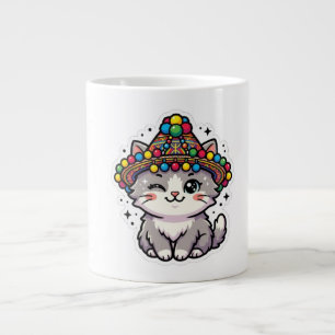 Cute Kawaii Moroccan Amazigh Cat Woven Hat Pom-Pom Giant Coffee Mug