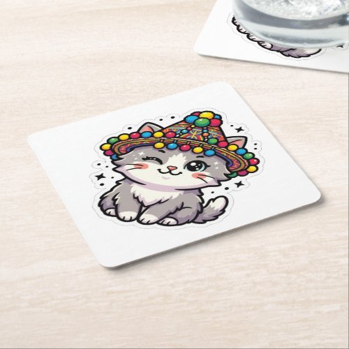 Cute Kawaii Moroccan Amazigh Cat Woven Hat Sticker Paper Coaster