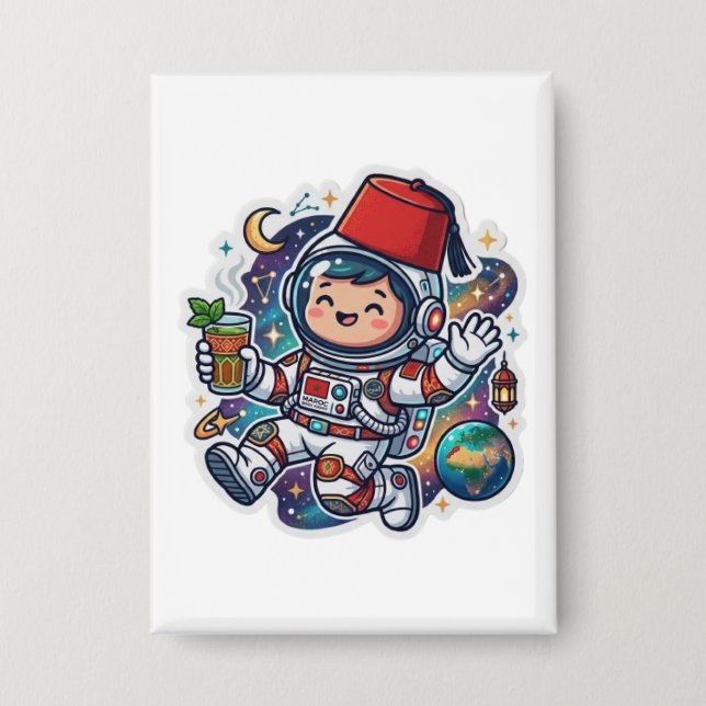 Cute Kawaii Moroccan Astronaut Mint Tea FezSticker Button (Front)