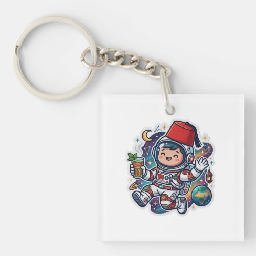 Cute Kawaii Moroccan Astronaut Mint Tea FezSticker Keychain