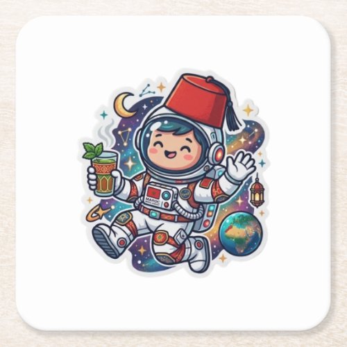 Cute Kawaii Moroccan Astronaut Mint Tea FezSticker Square Paper Coaster