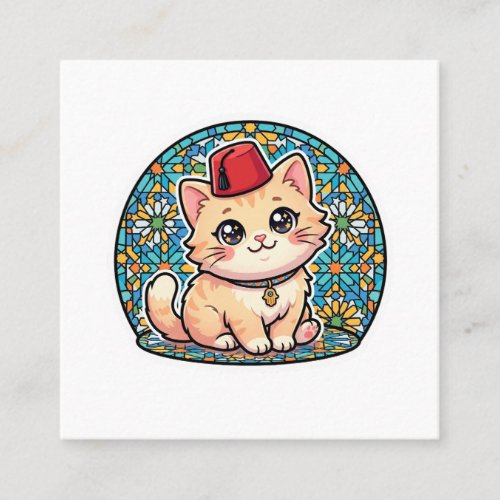 Cute Kawaii Moroccan Cat with Red Tarboush Sticker Square Business Card