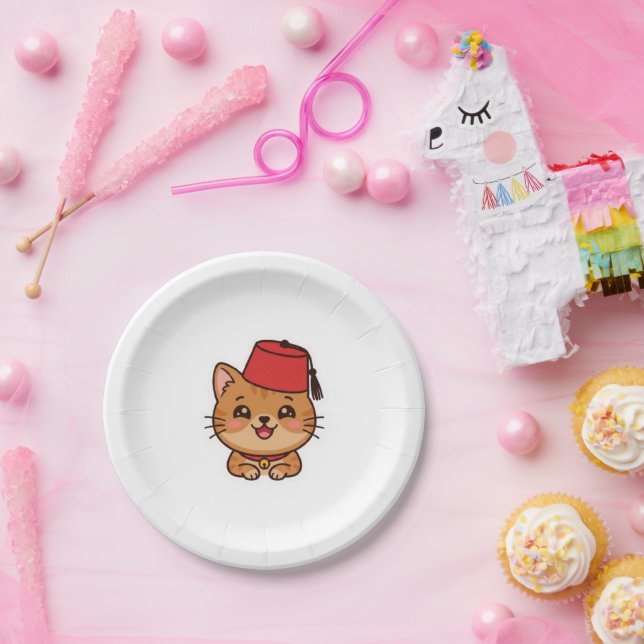 Cute Kawaii Moroccan Fez Hat Cat Sticker Paper Plates (Party)