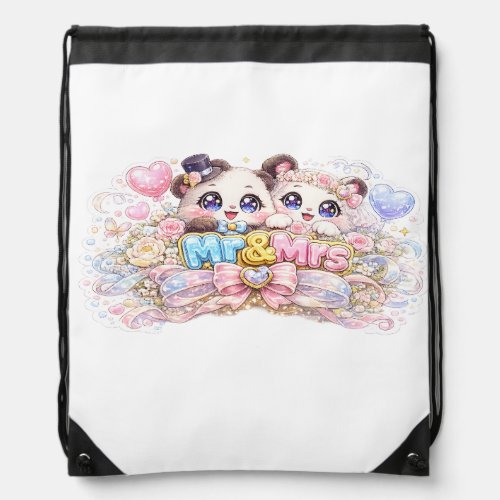 Cute Kawaii Mr and Mrs Panda Couple Pastel Pink We Drawstring Bag