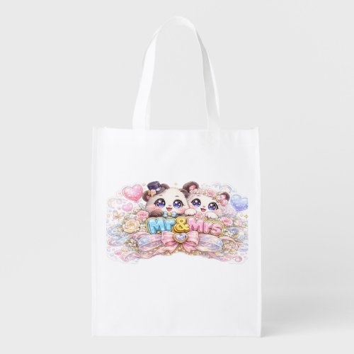 Cute Kawaii Mr and Mrs Panda Couple Pastel Pink We Grocery Bag