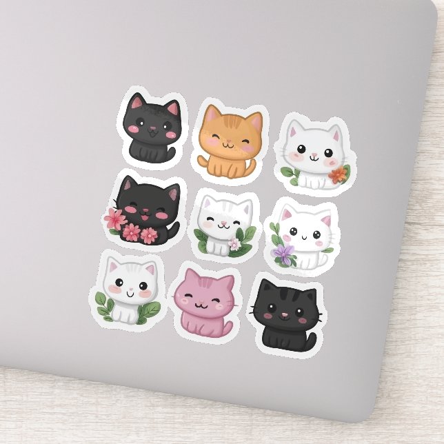 Cute Kawaii Multicolor Floral Cat Sticker Set (Detail)