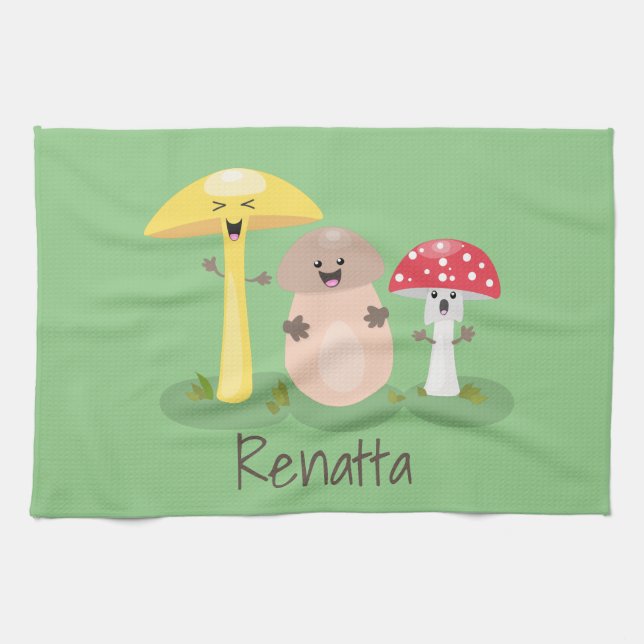 Cute kawaii mushroom fungi toadstool cartoon kitchen towel (Horizontal)