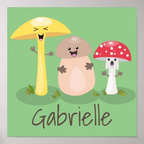 Cute kawaii mushroom fungi toadstool cartoon poster