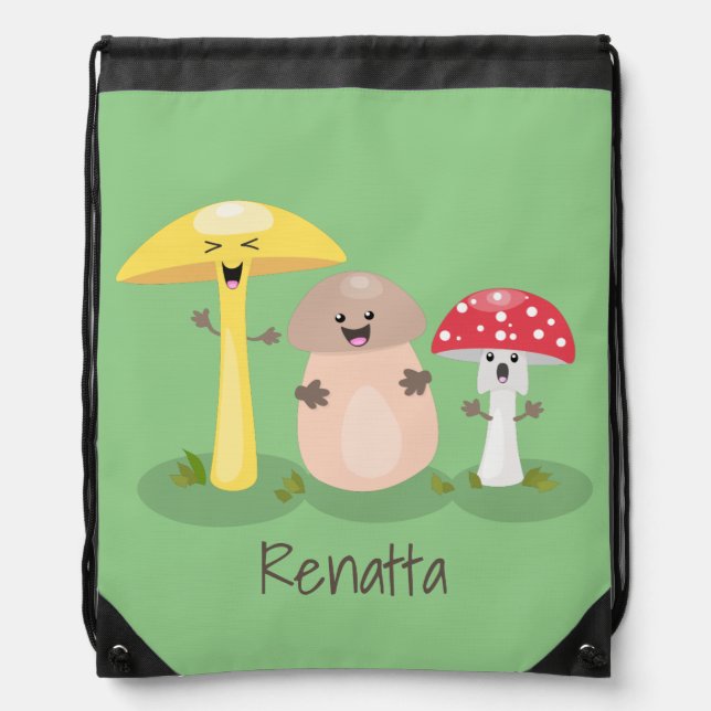 Cute kawaii mushroom fungi toadstool drawstring bag (Front)
