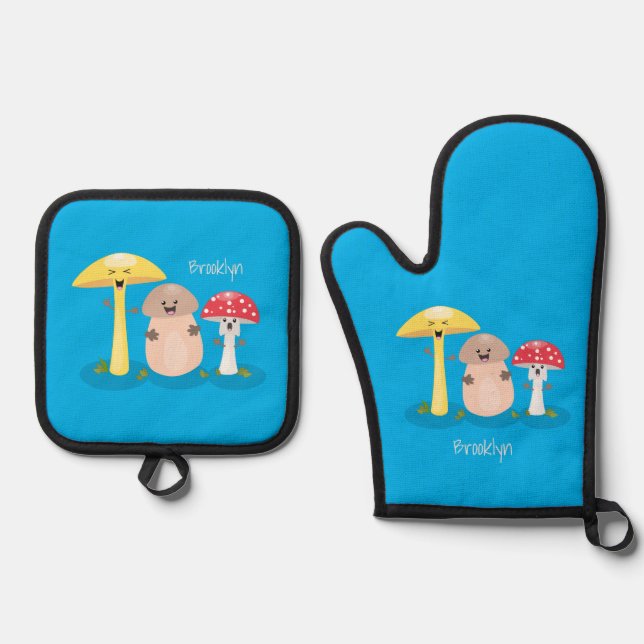 Cute kawaii mushroom fungi toadstool oven mitt & pot holder set (Front)