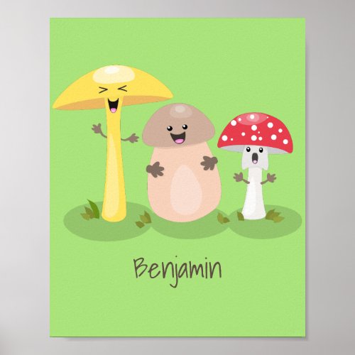 Cute kawaii mushroom fungi toadstool poster