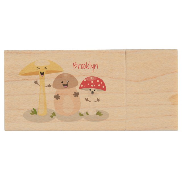 Cute kawaii mushroom fungi toadstool wood flash drive (Front)