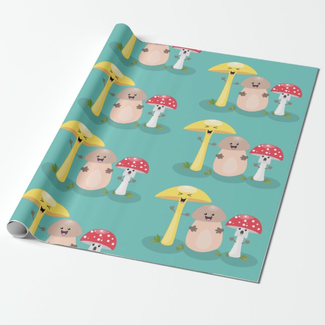 Cute kawaii mushroom fungi toadstool wrapping paper (Unrolled)