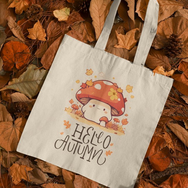 Cute kawaii Mushroom Hello Autumn  Tote Bag (Creator Uploaded)