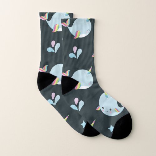 Cute Kawaii Narwhal Sea Unicorn Whale Pattern Socks