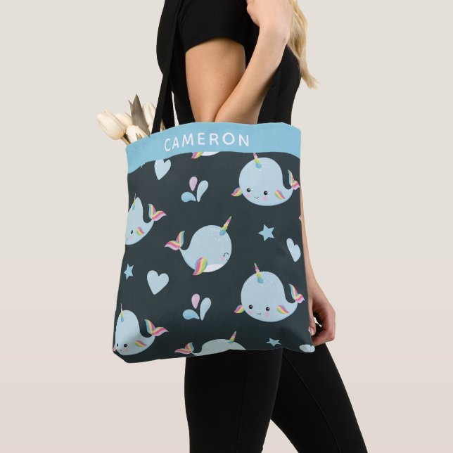 Cute Kawaii Narwhal Sea Unicorn Whale Personalized Tote Bag (Close Up)