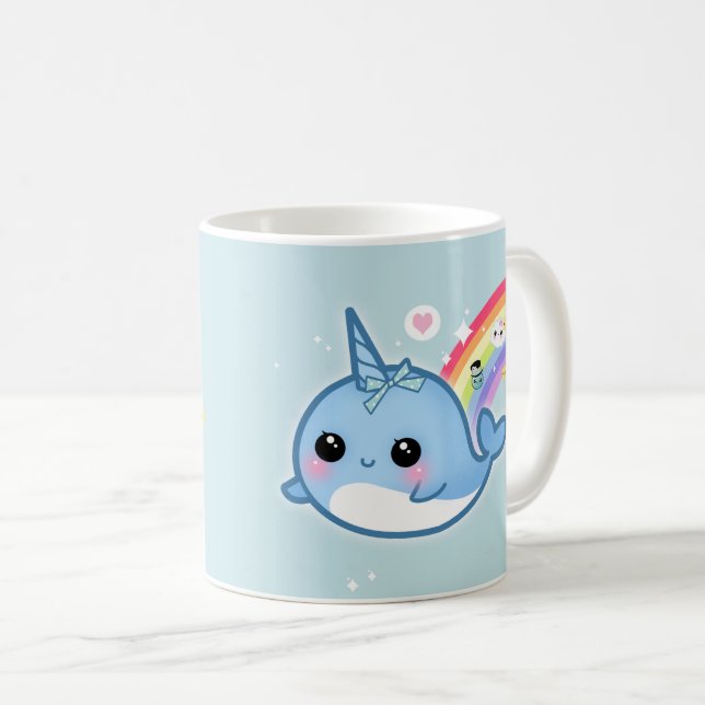 Cute kawaii narwhal with rainbow and sparkle stars coffee mug (Front Right)