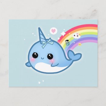 Cute Kawaii Narwhal With Rainbow And Sparkle Stars Postcard by Chibibunny at Zazzle