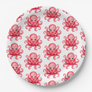 Cute Kawaii Octopus Holding Heart Paper Plates