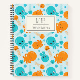 Cute Kawaii Octopus Pattern in Blue Personalized Notebook
