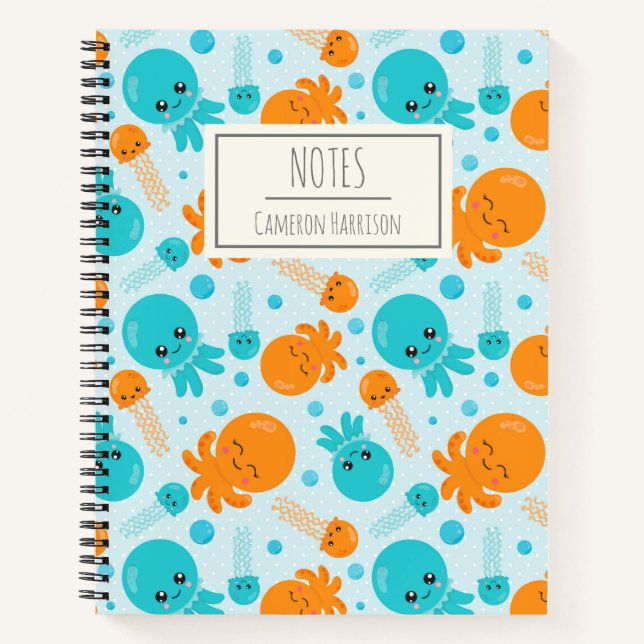 Cute Kawaii Octopus Pattern in Blue Personalized Notebook (Front)