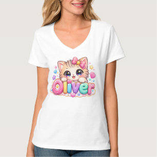 Cute Kawaii Oliver Cat Name Pastel Pink Sparkling T-Shirt