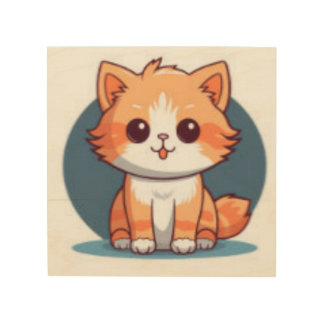 Cute Kawaii Orange Cat Wood Wall Art