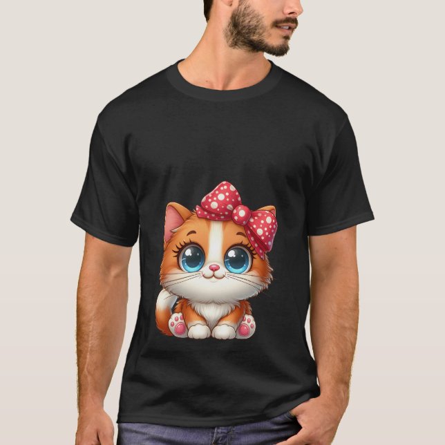 Cute Kawaii Orange Kitten Red Polka Dot Bow Cat  T-Shirt (Front)